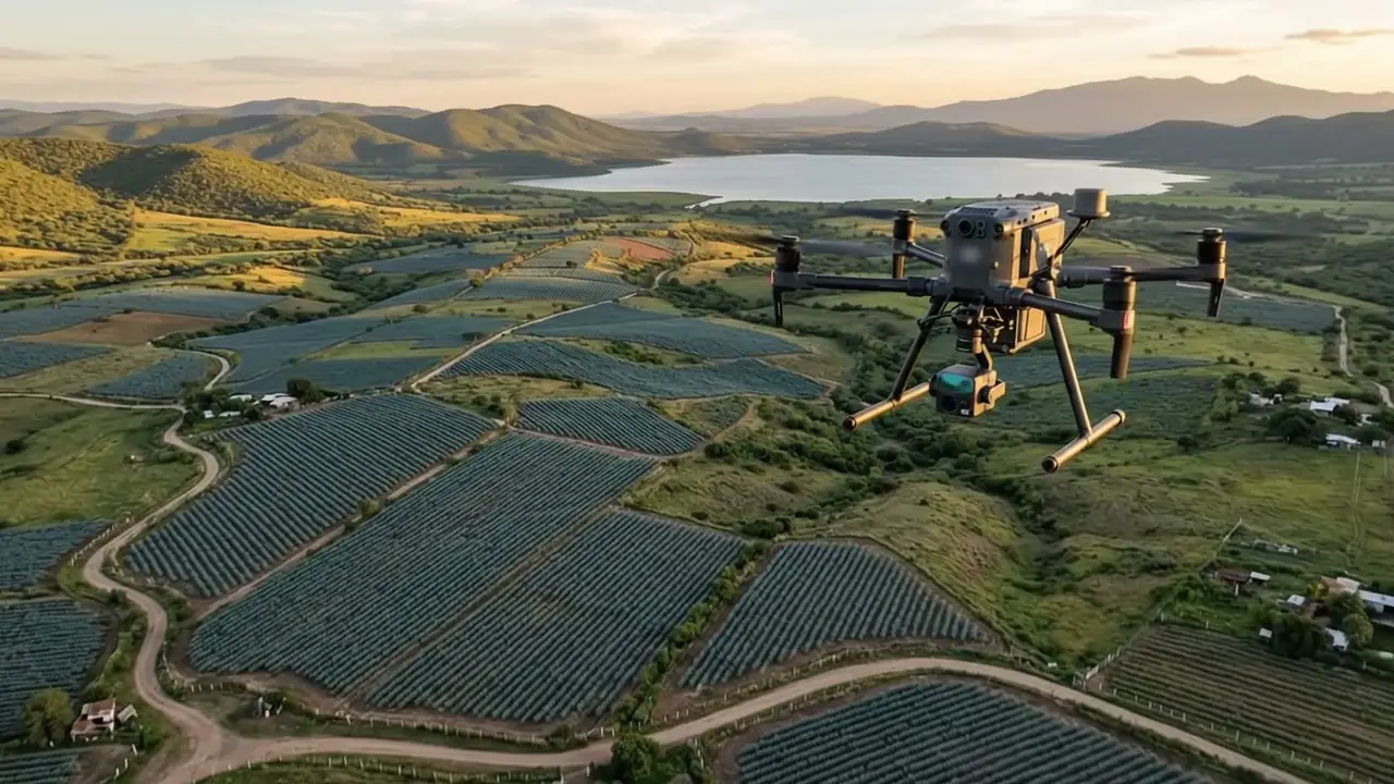 Dron topográfico sobrevolando campos de agave junto a un lago