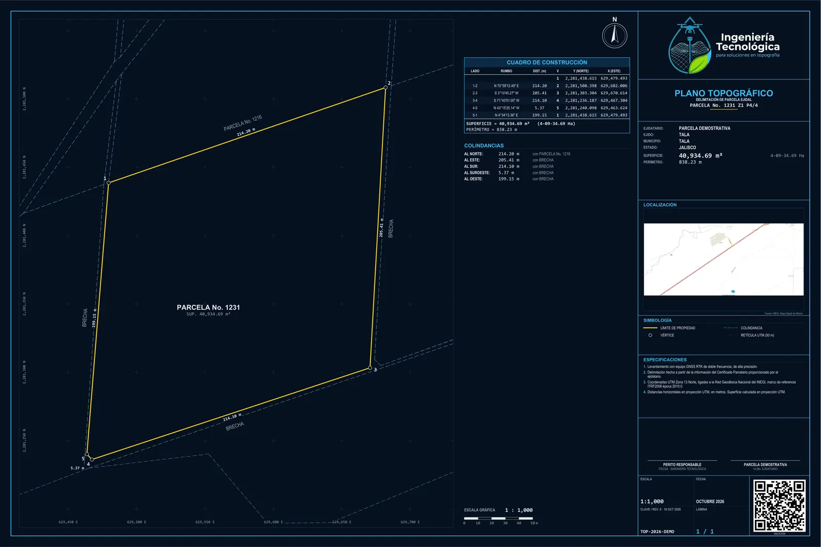 Plano topográfico de muestra de ITECSA con cuadro de construcción, colindancias, croquis de localización y código QR